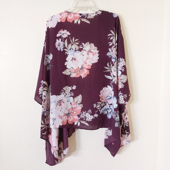 Charming Charlies Burgundy Floral Sheer Asymmetric Open Front Elegant Kimono - Picture 6 of 8